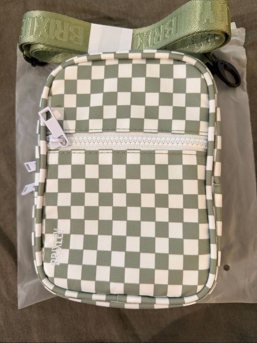 BRIXLEY Light Green Checkerboard Crossbody Bag with Logo Strap - Picture 5 of 5